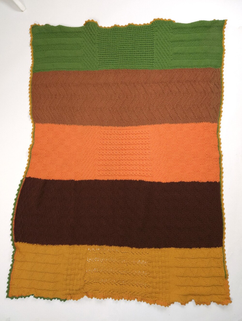 Hand Knit 1970s Striped Throw Blanket Avacado Green Orange Brown 50x36 In